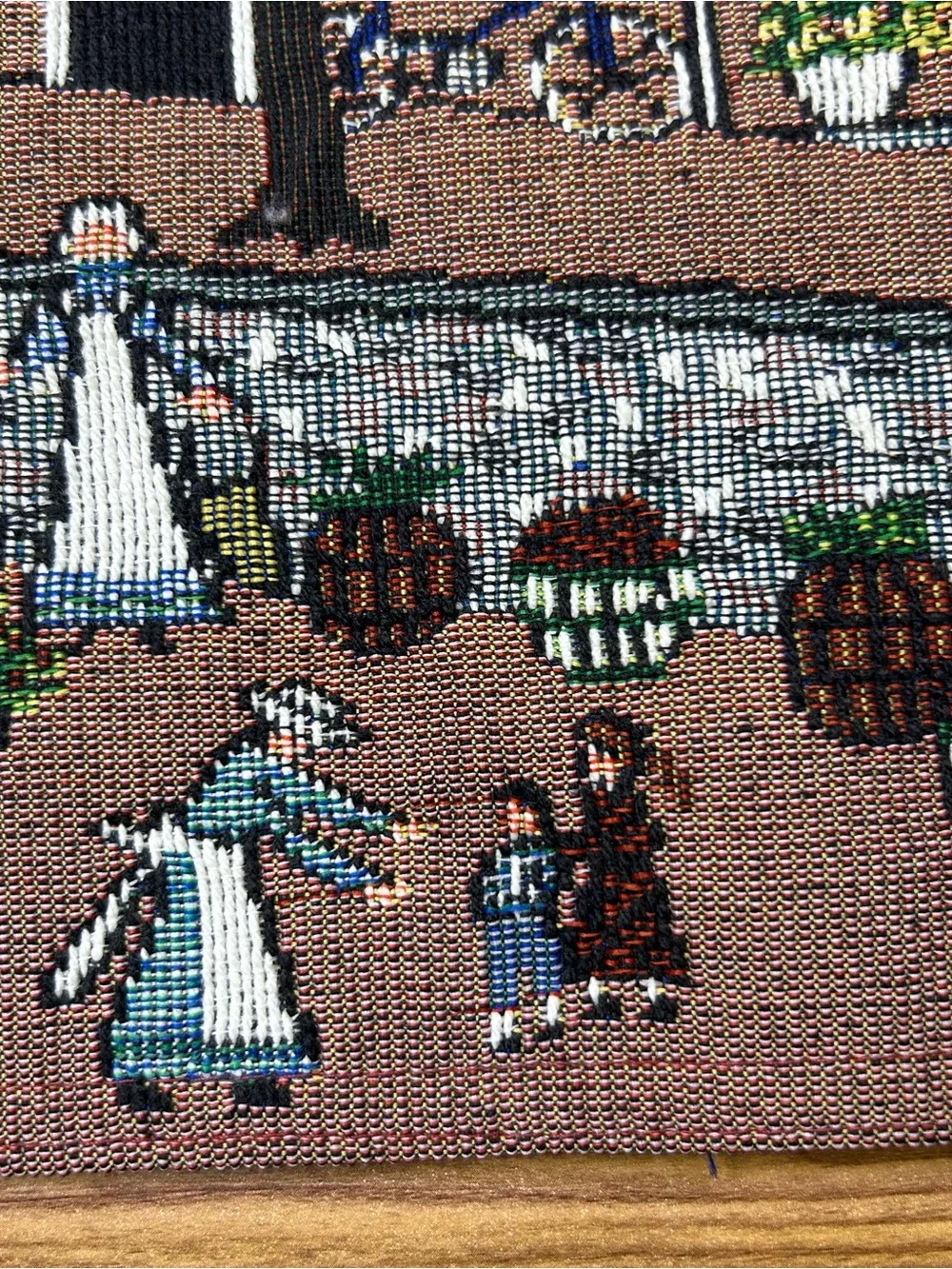 Colonial America Town Scene Tapestry Table Runner Town Common Folk Art 72” x 13”